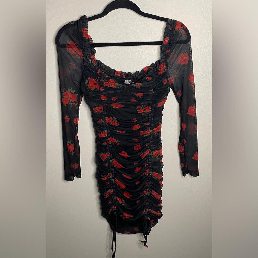 Tiger Mist Red Rose Floral Black Long Sleeve Mesh Ruched Mini Dress